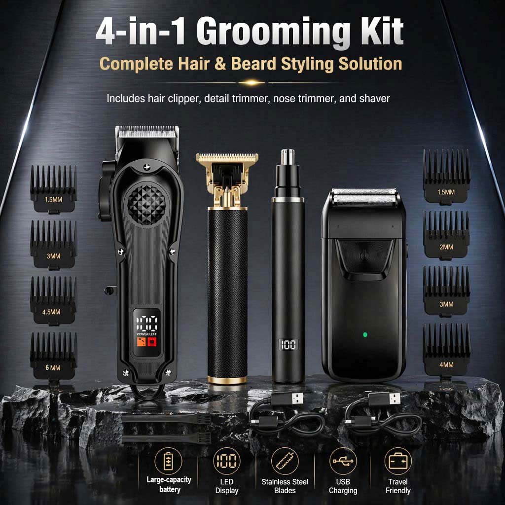 Electric Shaver Rotary - ชุดเครื่องตัดผมชาย 4-in-1 พร้อมจอ LED, เครื่องโกนหนวดและเล็มขนจมูกแบบชาร์จ USB,